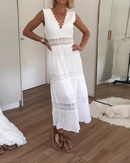 Damen Sommerkleid Midi Spitze V-Ausschnitt Elegant Hellblau
