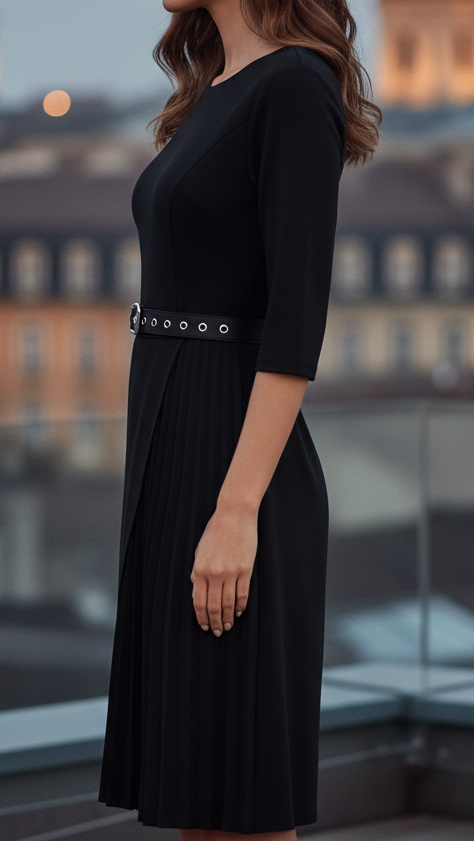 Damen Midikleid mit Gürtel und langen Ärmeln