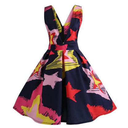 Damen A-Linien Kleid V-Ausschnitt Sternmuster Schwarz - Norvielle