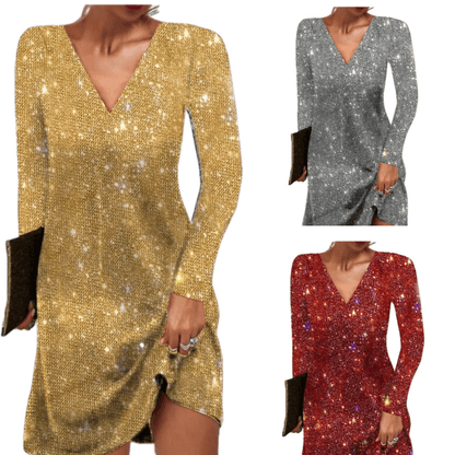 Damen Paillettenkleid Langärmlig Glitzernd