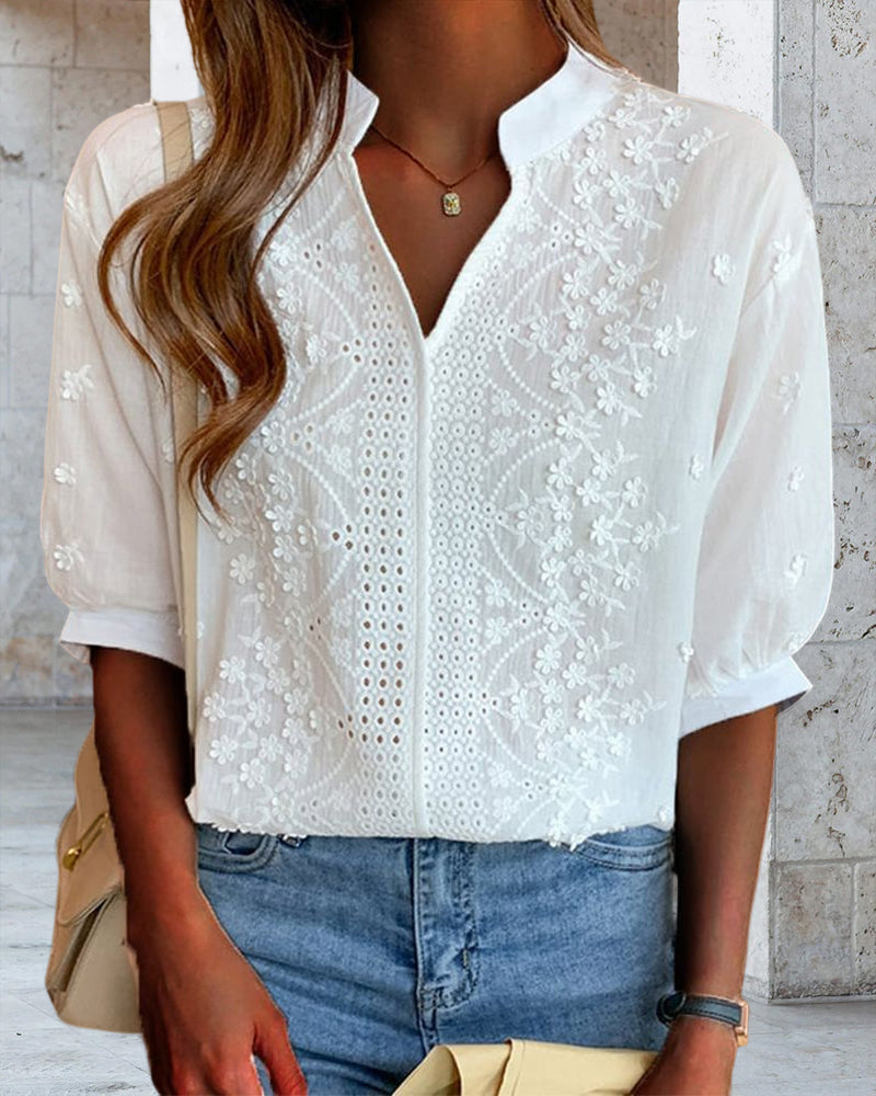 Norvielle Damen Bluse V-Ausschnitt Bestickt
