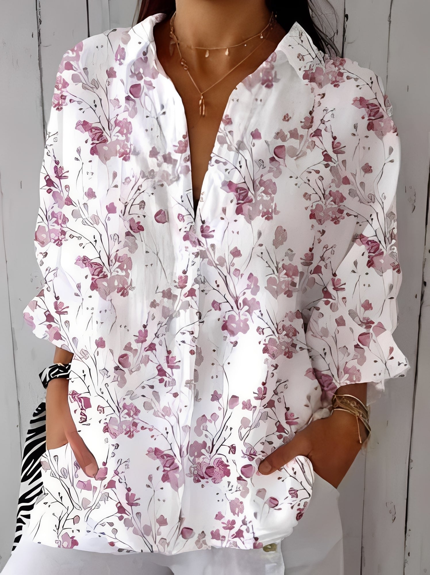 Damen Bluse Blumenmuster Baumwolle Leicht Rosa - Norvielle