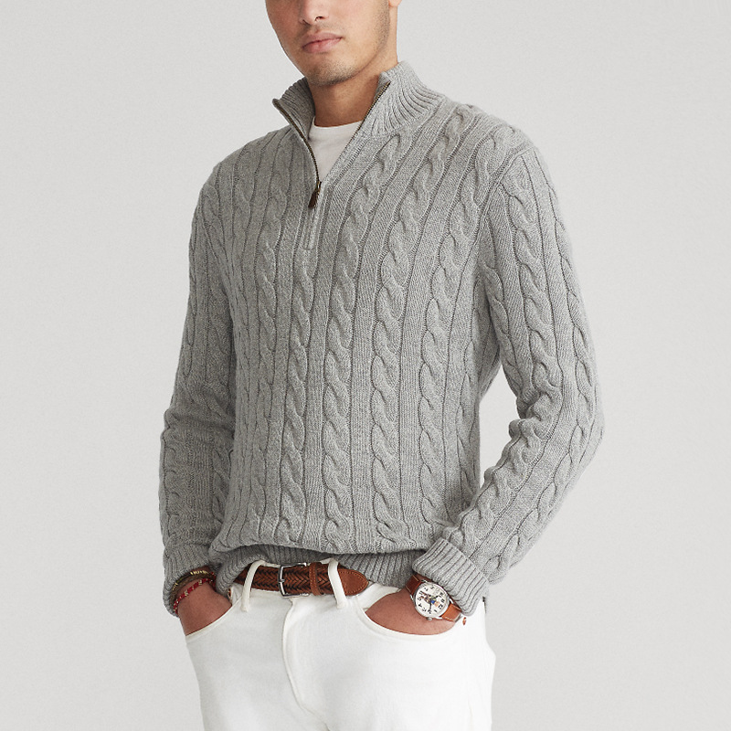 Herren Halbzip Pullover Zopfmuster Stehkragen