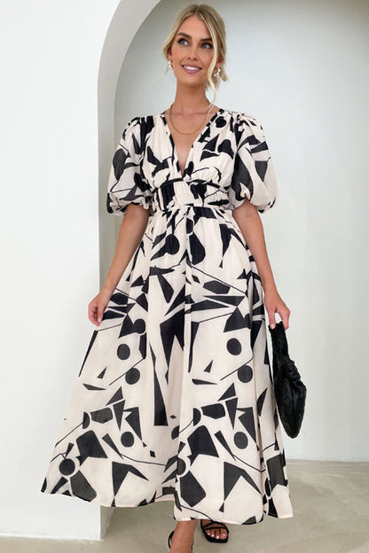 Norvielle Damen Maxi-Kleid Puffärmel Print