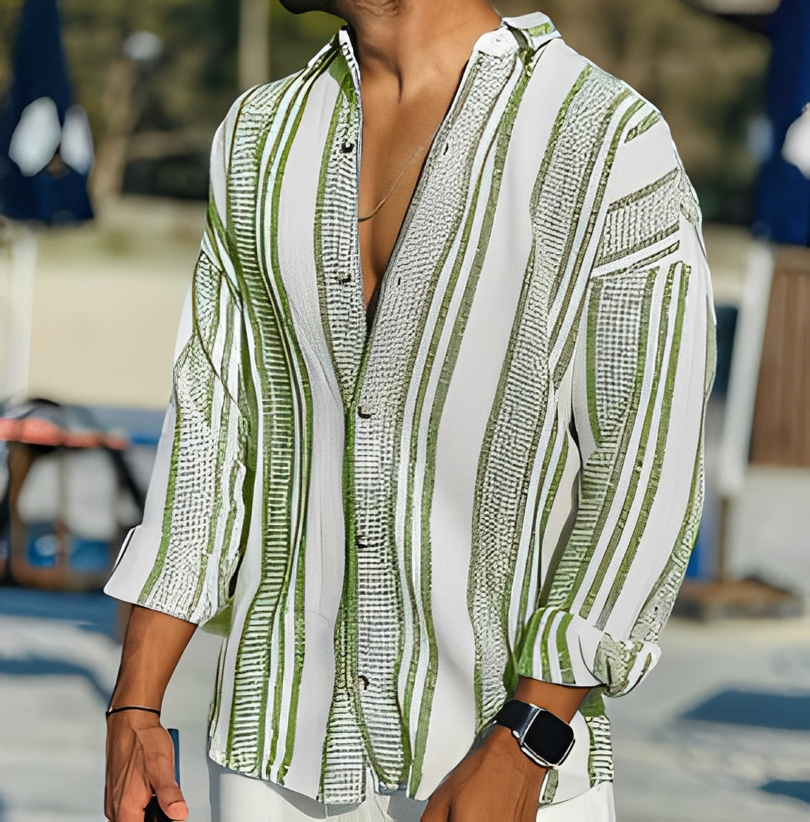 Herren Hemd Gestreift Baumwolle Lockeres Freizeit Design Beige