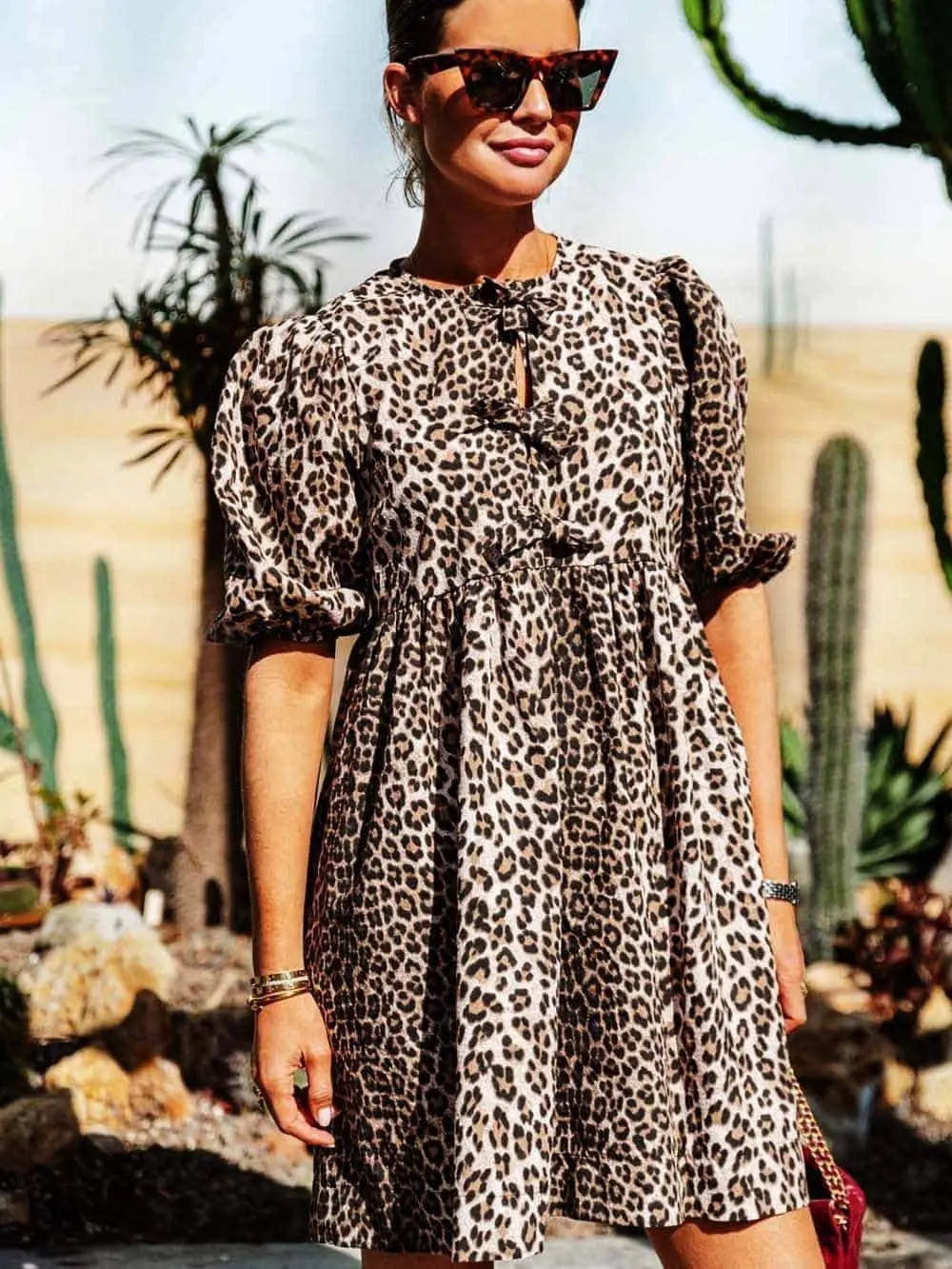 Damen Leopardenkleid Kurze Puffärmel