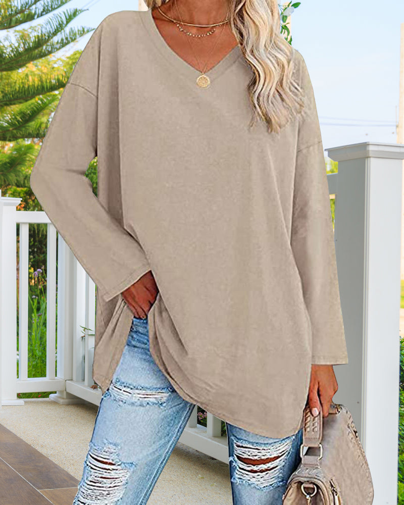 Norvielle Damen Langarm T-Shirt V-Ausschnitt Einfarbig