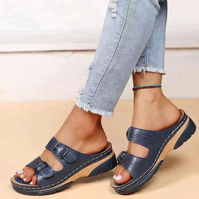 Damen Plateausandalen Doppelriemen Verstellbar Offen