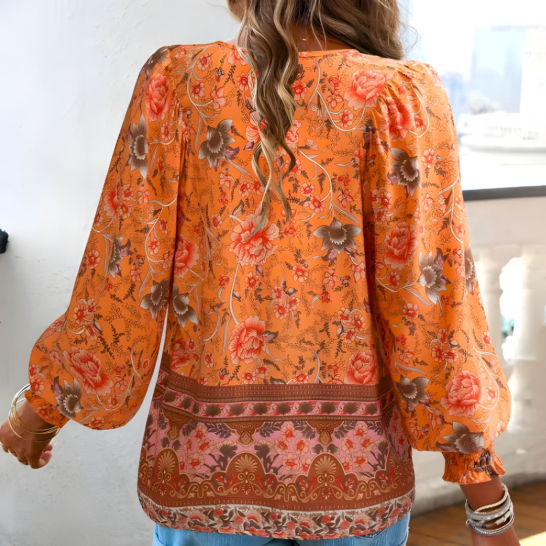 Damen Bluse mit Schleifenkragen und weiten Ärmeln Blumenmuster