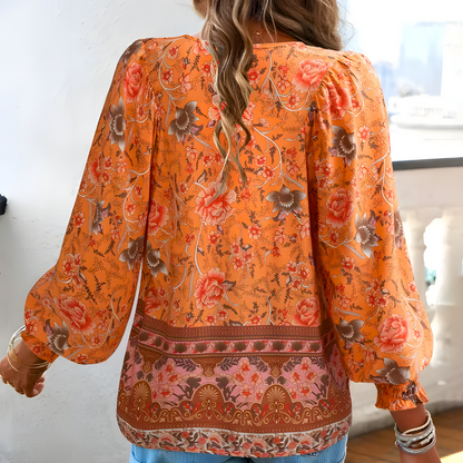 Damen Bluse mit Schleifenkragen und weiten Ärmeln Blumenmuster