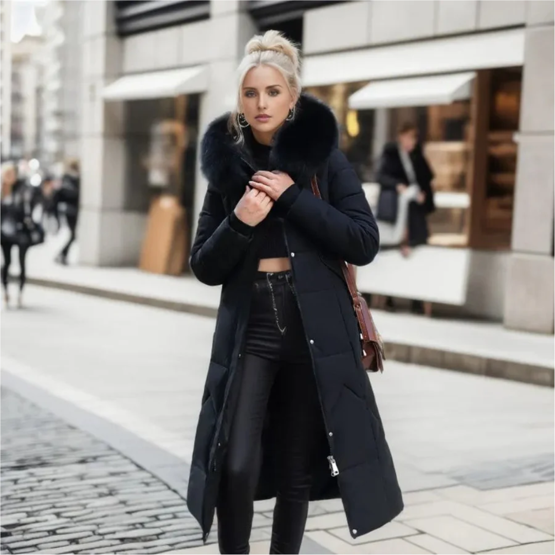 Damen Winterjacke Lang Kapuze Fellbesatz