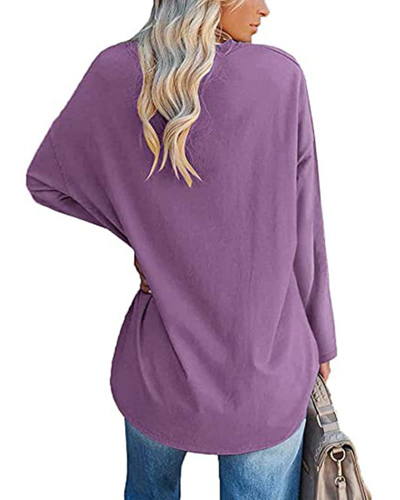 Norvielle Damen Langarm T-Shirt V-Ausschnitt Einfarbig