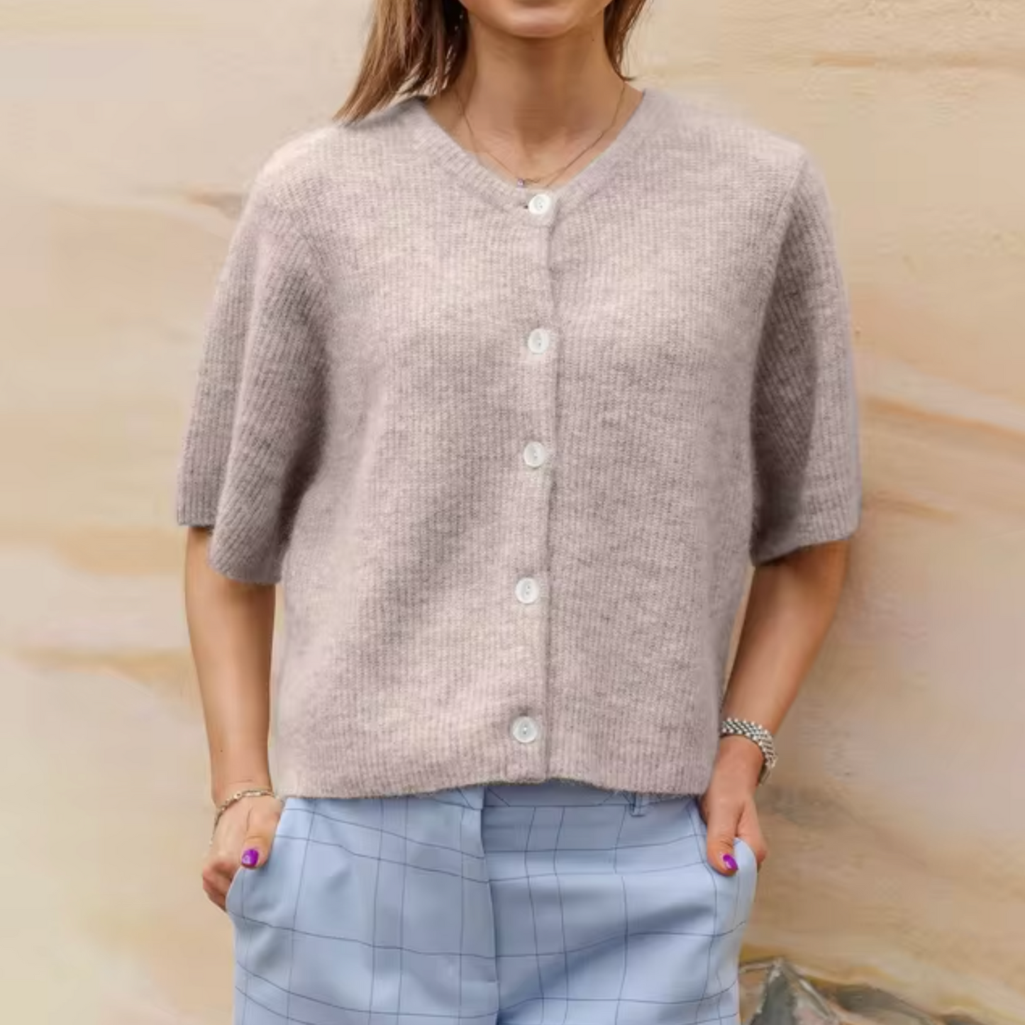 Damen Kurzcardigan Strick Knöpfe Beige
