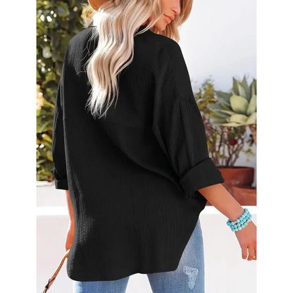 Damen Unifarben Bluse Knopfleiste Hemdkragen Langarm Elegante Bluse