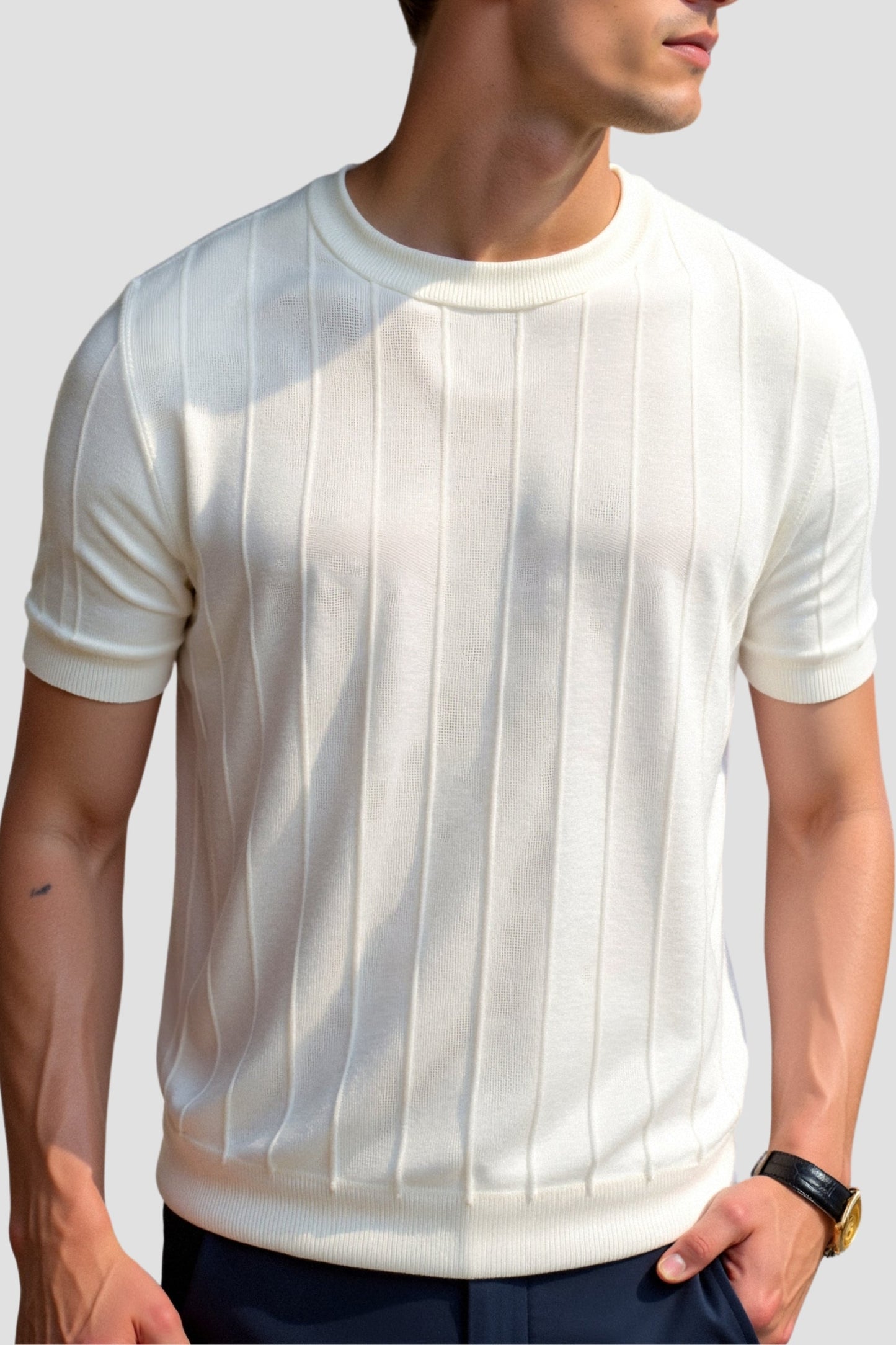Herren Gestreiftes T-Shirt O-Hals Baumwolle Classic -Weiß