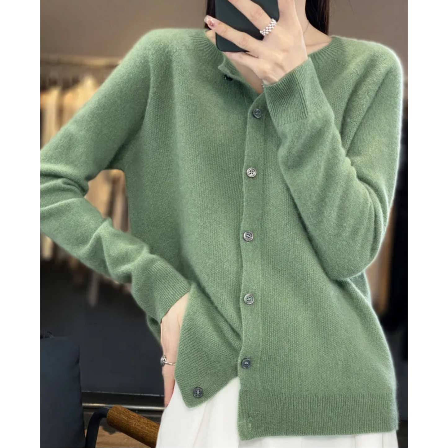 Norvielle Damen Strickjacke Merinowolle O-Ausschnitt