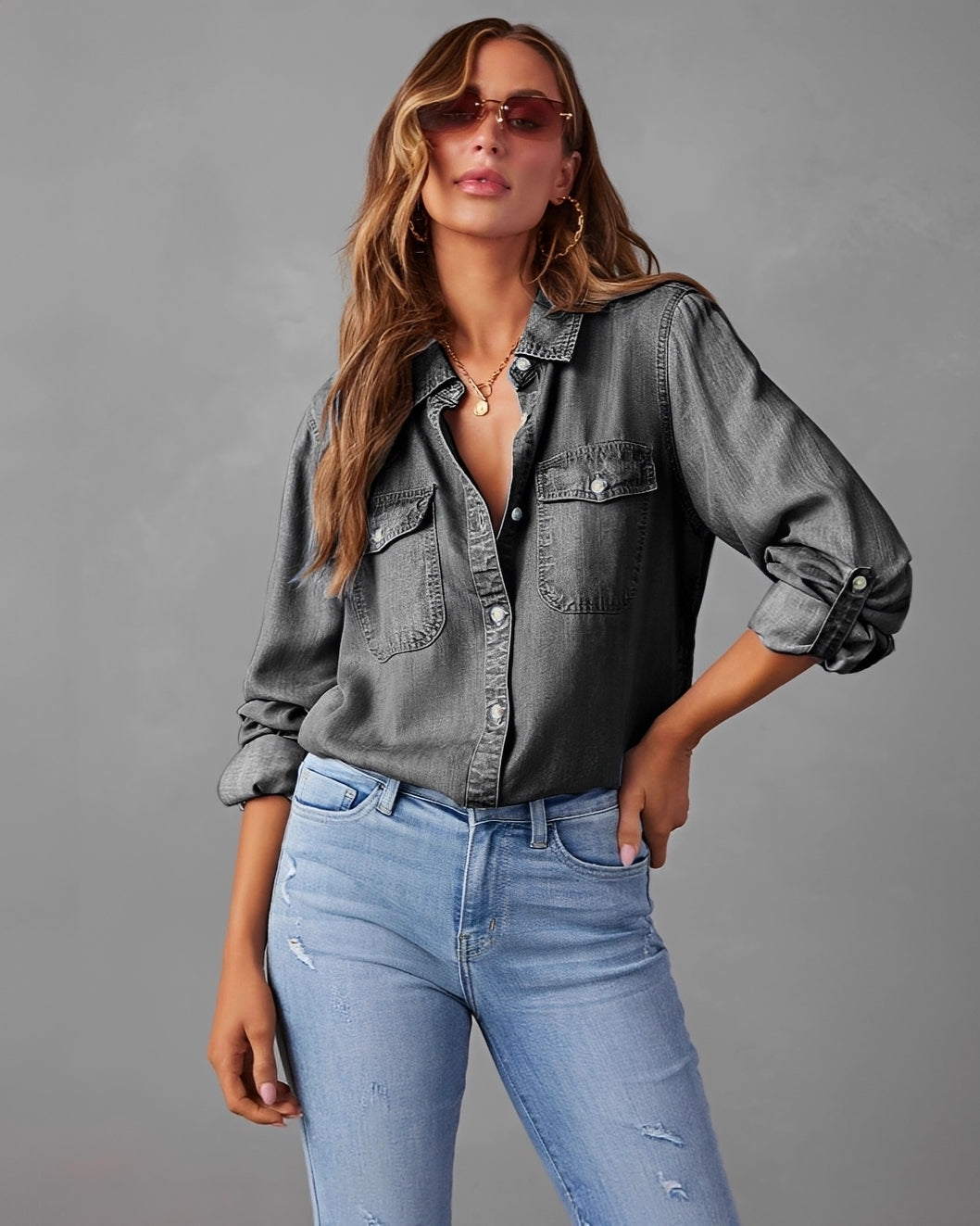 Damen Jeanshemd Langärmelig Klassisch