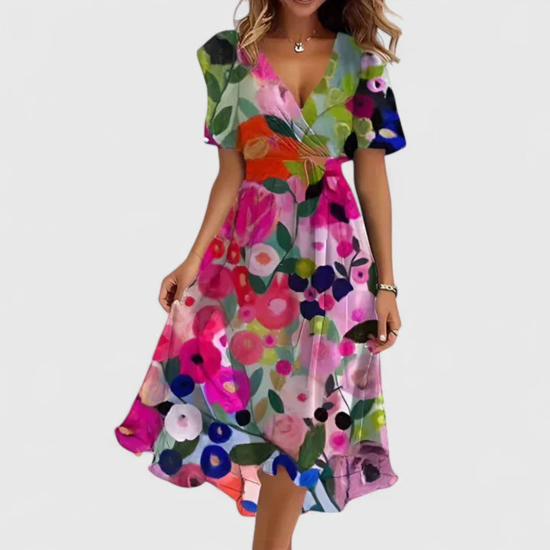 Damen Blumen Midi Kleid V-Ausschnitt