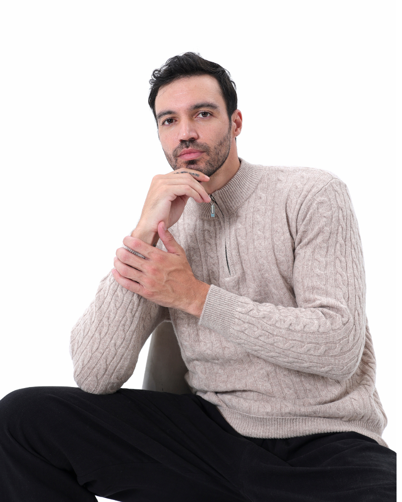 Herren Chasmere Pullover Kabelstrickmuster Halb Reißverschluss Beige