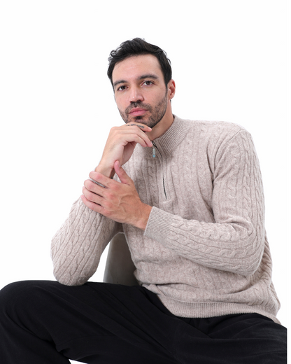 Herren Chasmere Pullover Kabelstrickmuster Halb Reißverschluss Beige