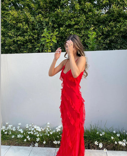 Damen Maxikleid Rüschen Abendkleid Spaghettiträger