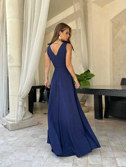 Damen Maxi-Kleid V-Ausschnitt Schleife