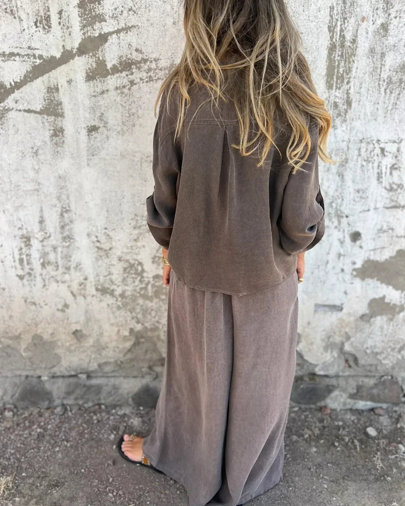 Damen Zweiteiler Uni Farbe Weite Hose Locker Bluse