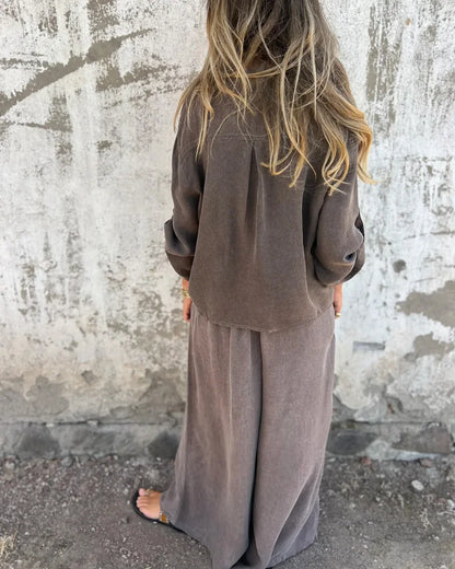 Damen Zweiteiler Uni Farbe Weite Hose Locker Bluse