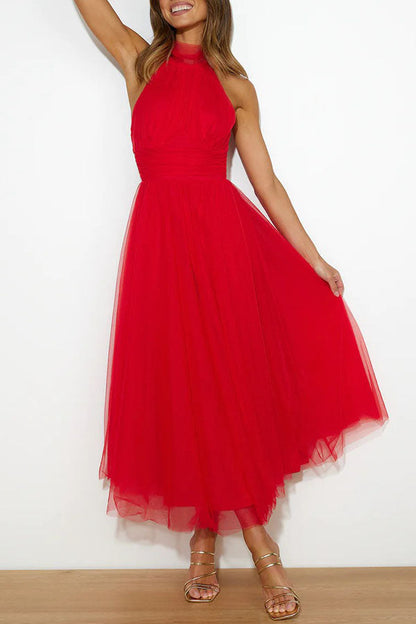 Elegantes Damen Tüllkleid Halterneck Mittellang A-Linie Weiß