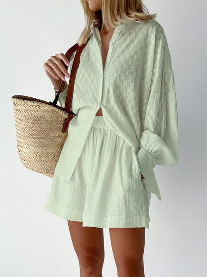 Damen Zweiteiler Oversize Baumwollmix Bluse und Shorts