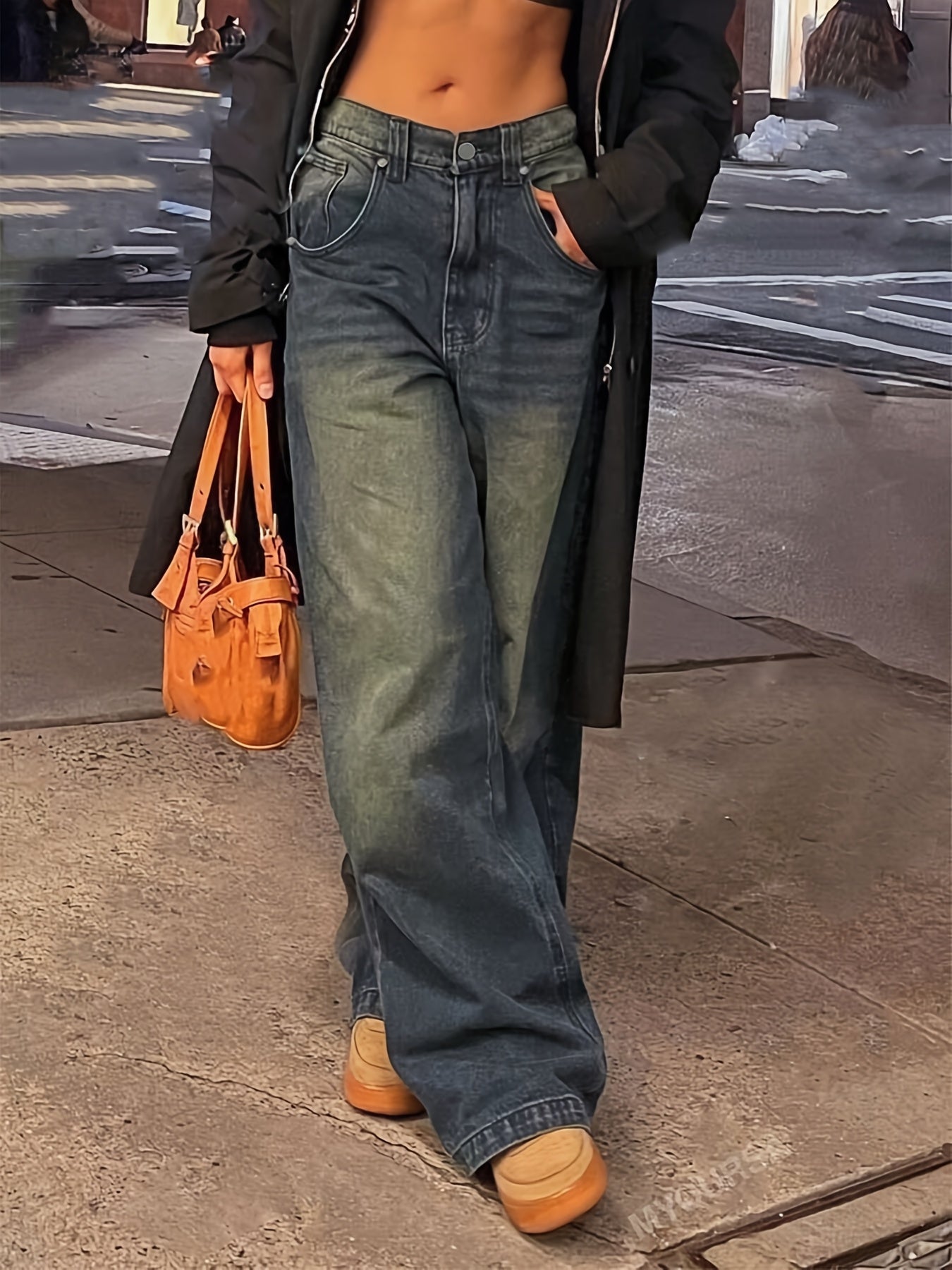 Damen Baggy Jeans Weites Bein Leicht Gewaschen Blau - Norvielle