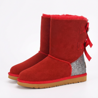 Damen Winterstiefel Wildleder Glitzer Schleifen