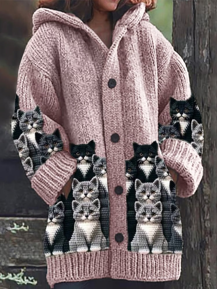 Norvielle Damen Strickjacke Katzenmuster