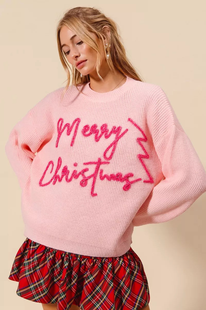 Damen Weihnachtspullover Rosa Glitzer Schriftzug