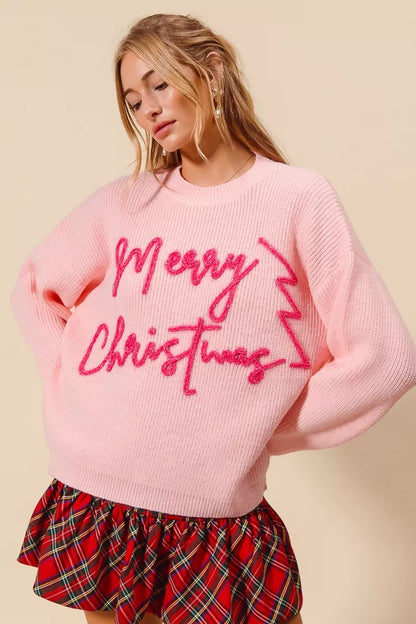 Damen Weihnachtspullover Rosa Glitzer Schriftzug