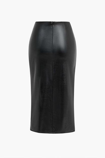 Damen Midirock Kunstleder Wickeloptik