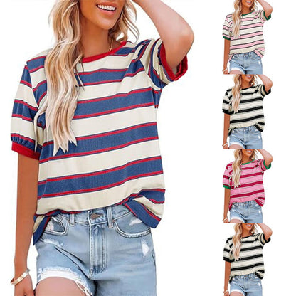 Damen Gestreiftes T-Shirt Rundhalsausschnitt Baumwolle - Norvielle