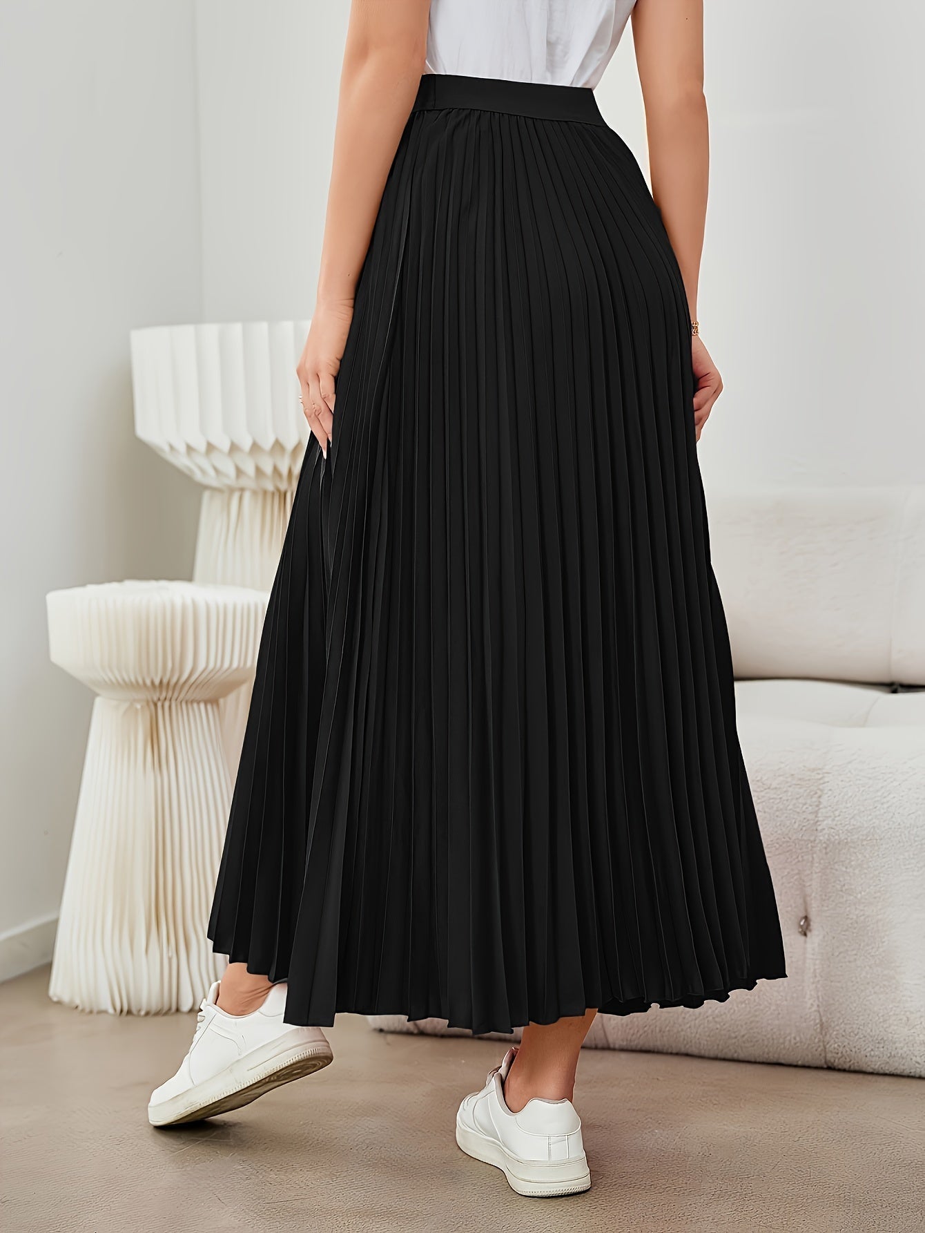 Damen Midirock Einfarbig Elastischer Bund Faltenrock