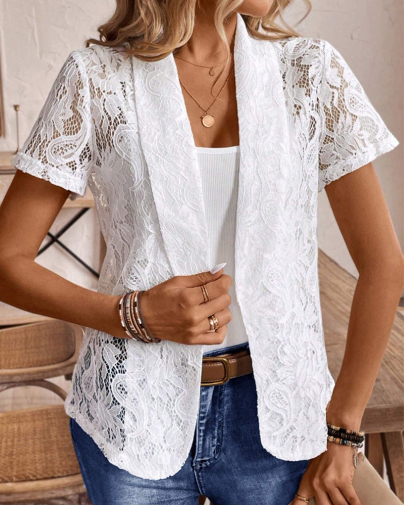 Damen Spitzenblazer Weiß Kurzärmelig - Norvielle