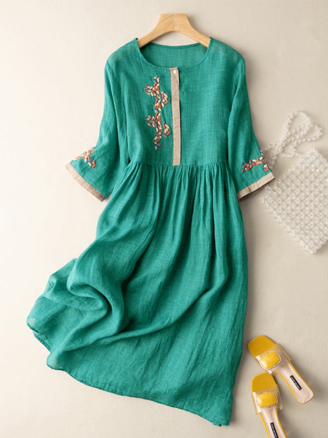 Norvielle Damen Kleid Baumwolle Bestickt