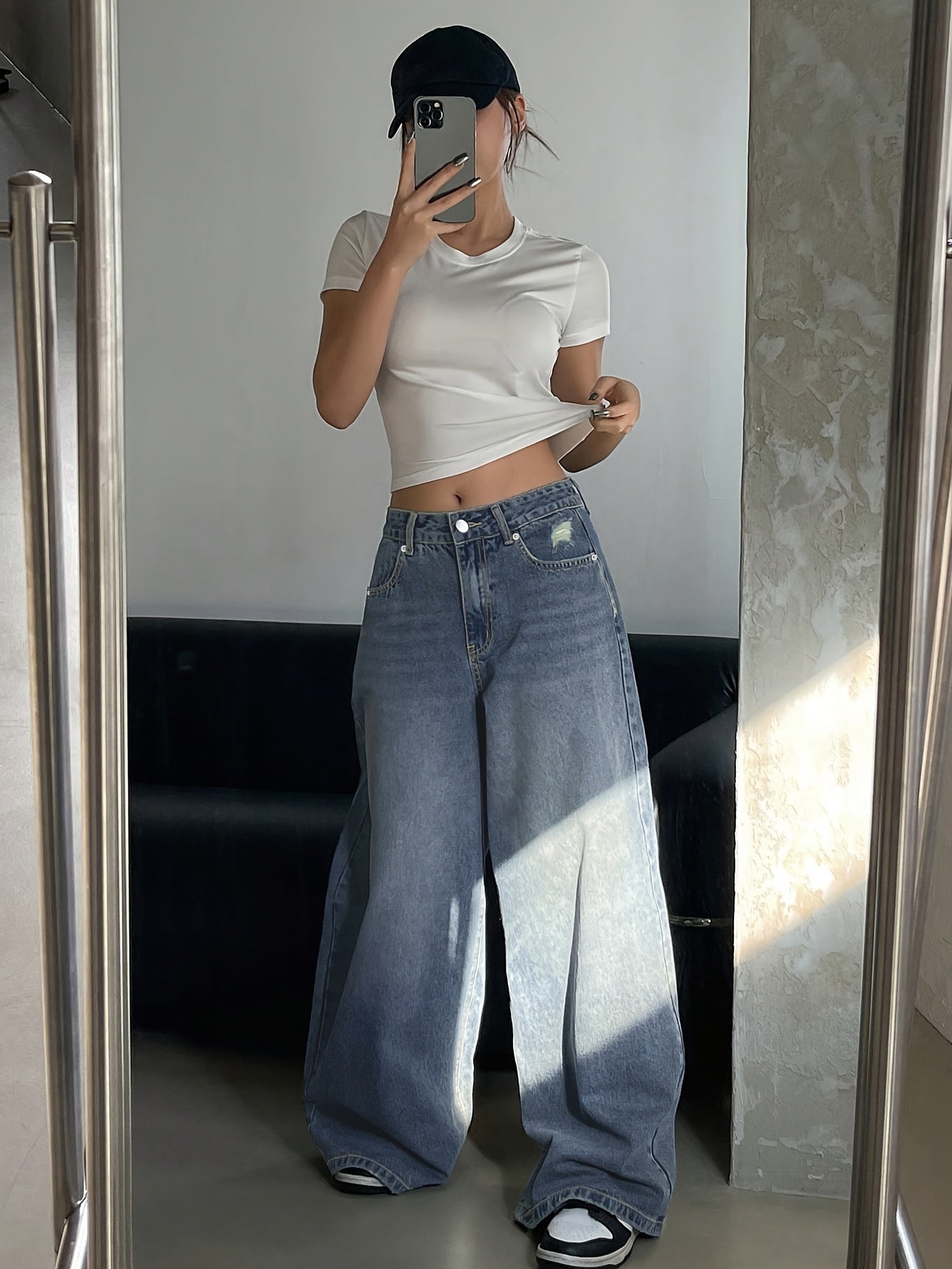 Damen Baggy Jeans Weite High Waist Gerades Bein