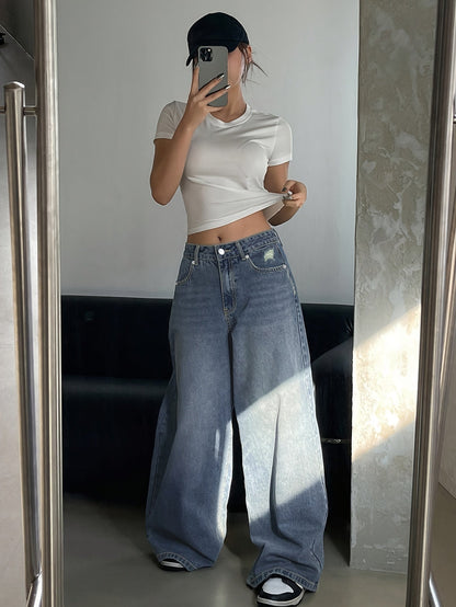 Damen Baggy Jeans Weite High Waist Gerades Bein