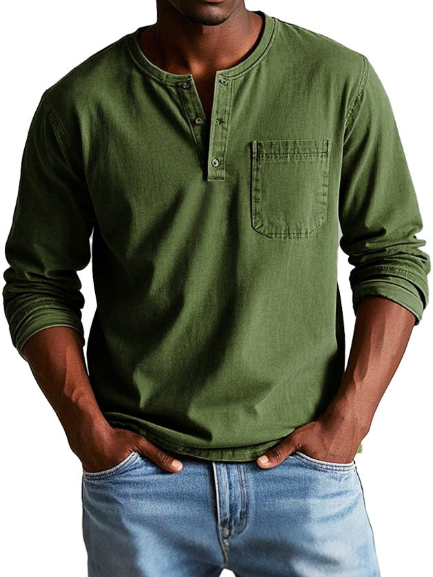Herren Langarm Henley T-Shirt mit Brusttasche