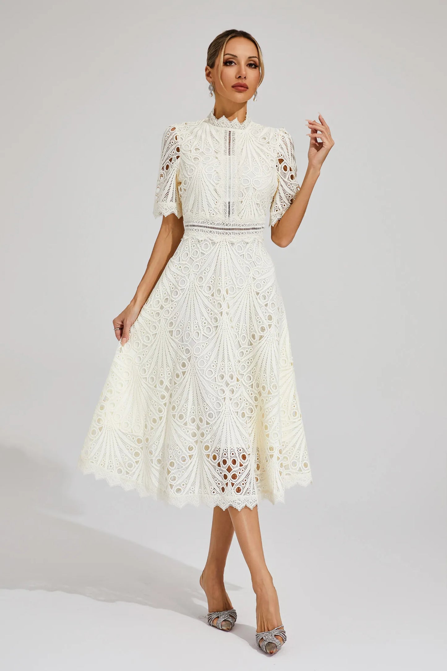 Damen Midi Kleid Spitze Schick