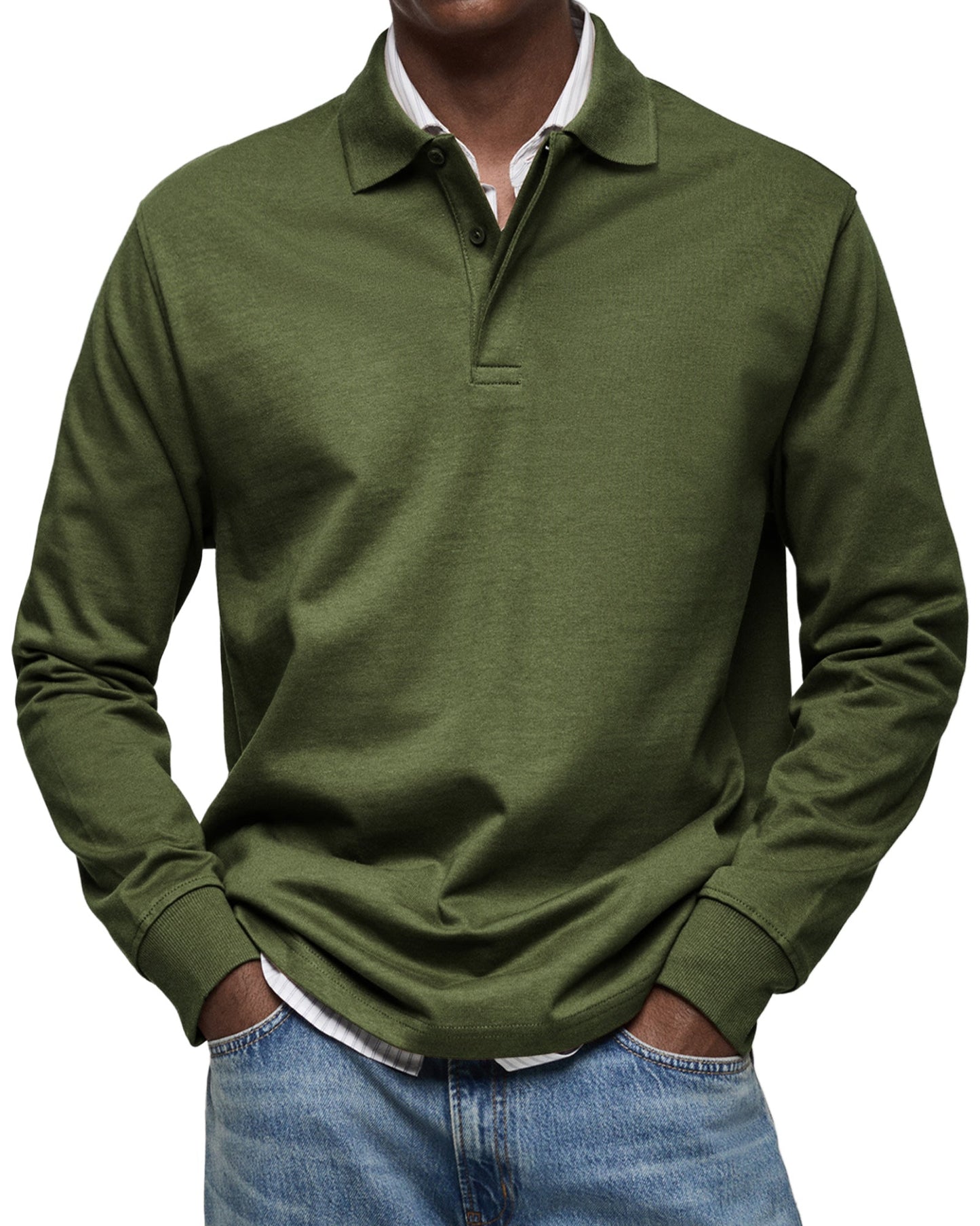 Herren Langarm-Poloshirt Knopfleiste Klassisch Weiß