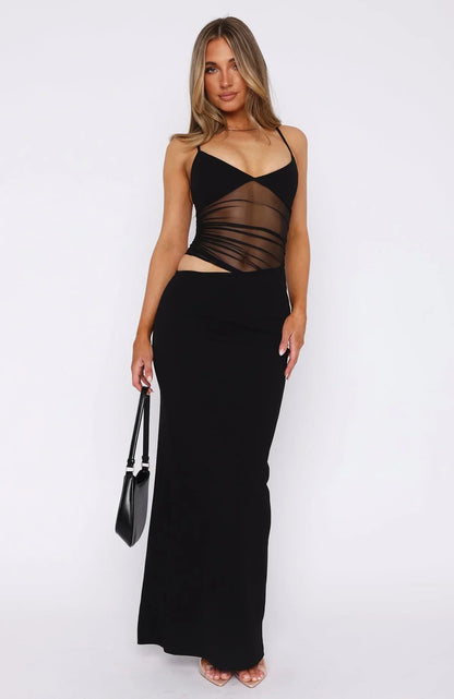 Averra Damen Maxikleid Mesh Cut-out V-Ausschnitt Eleganz - Norvielle