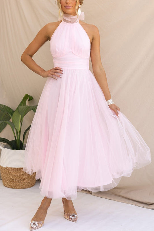 Elegantes Damen Tüllkleid Halterneck Mittellang A-Linie Weiß - Norvielle