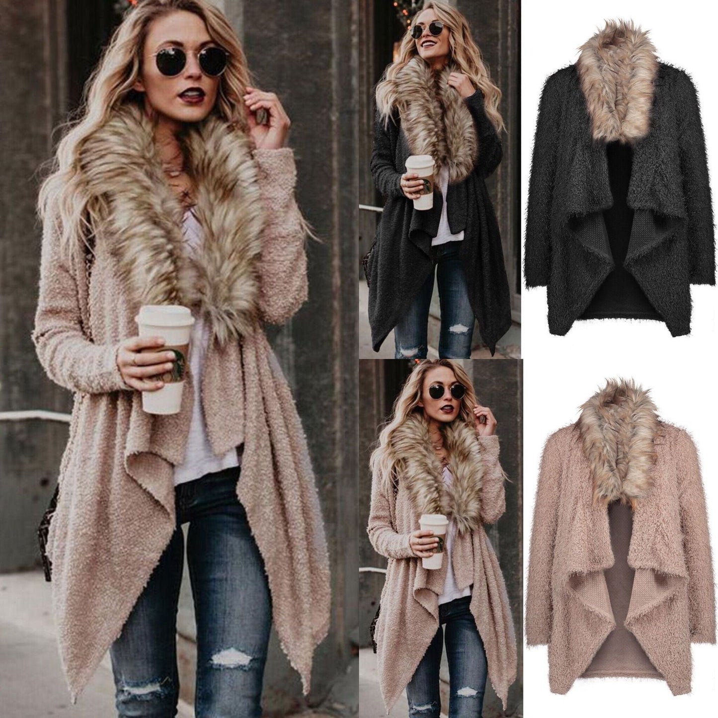 Damen Strickcardigan Flauschig Abnehmbarer Kunstfellkragen Norvielle - Norvielle