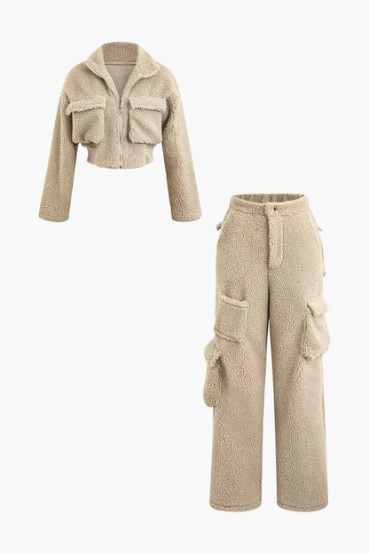 Misha Damen Teddy-Zweiteiler Cargohose Cropped-Jacke - Norvielle