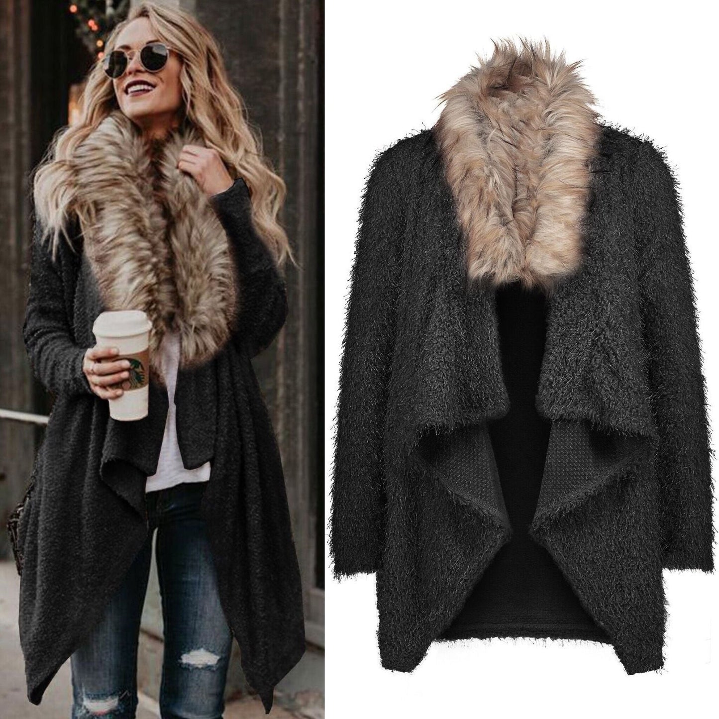 Damen Strickcardigan Flauschig Abnehmbarer Kunstfellkragen Norvielle